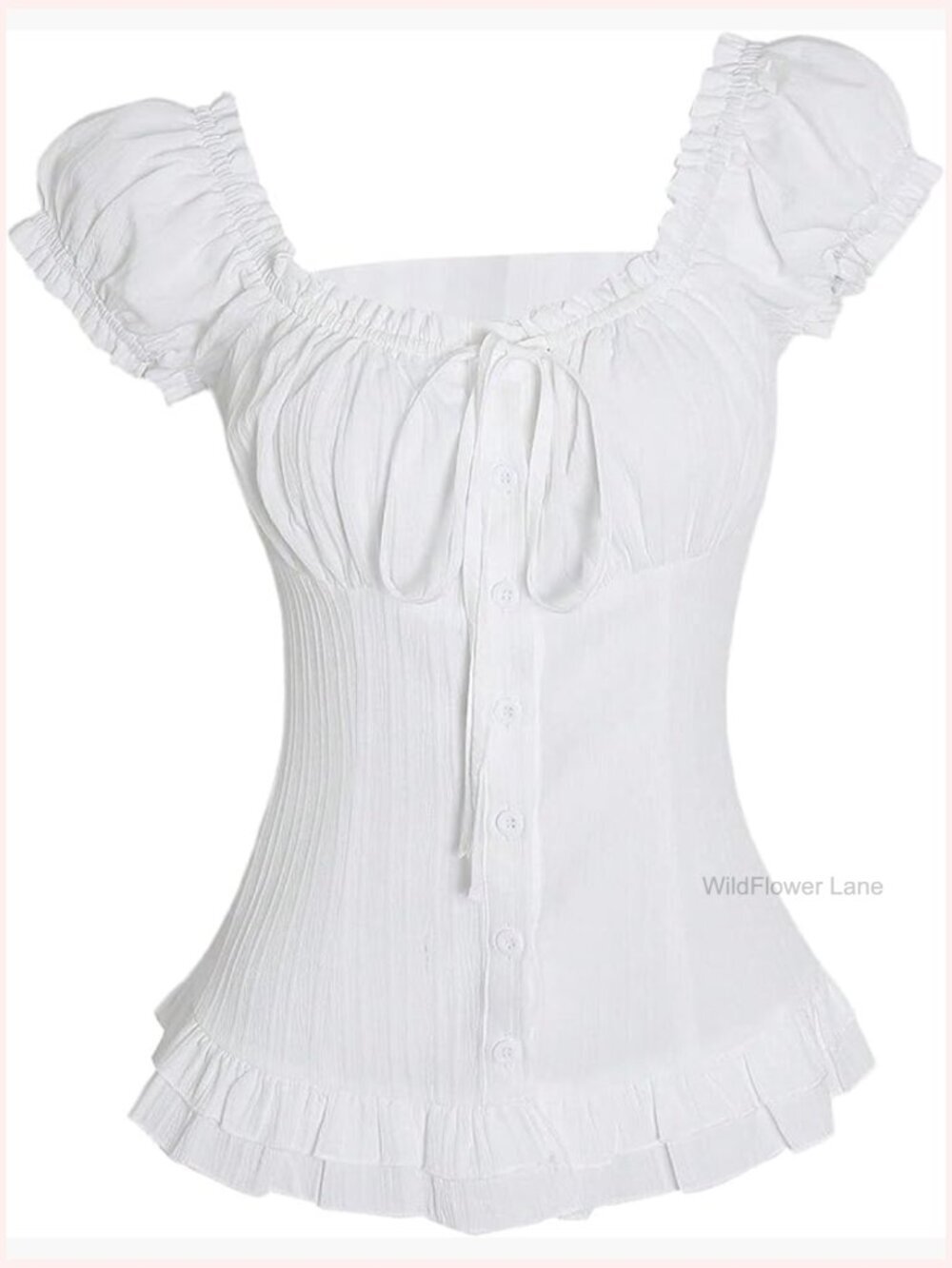Puff Sleeve Blouse Ruched Bust Bow Tie Button Up Going Out Top